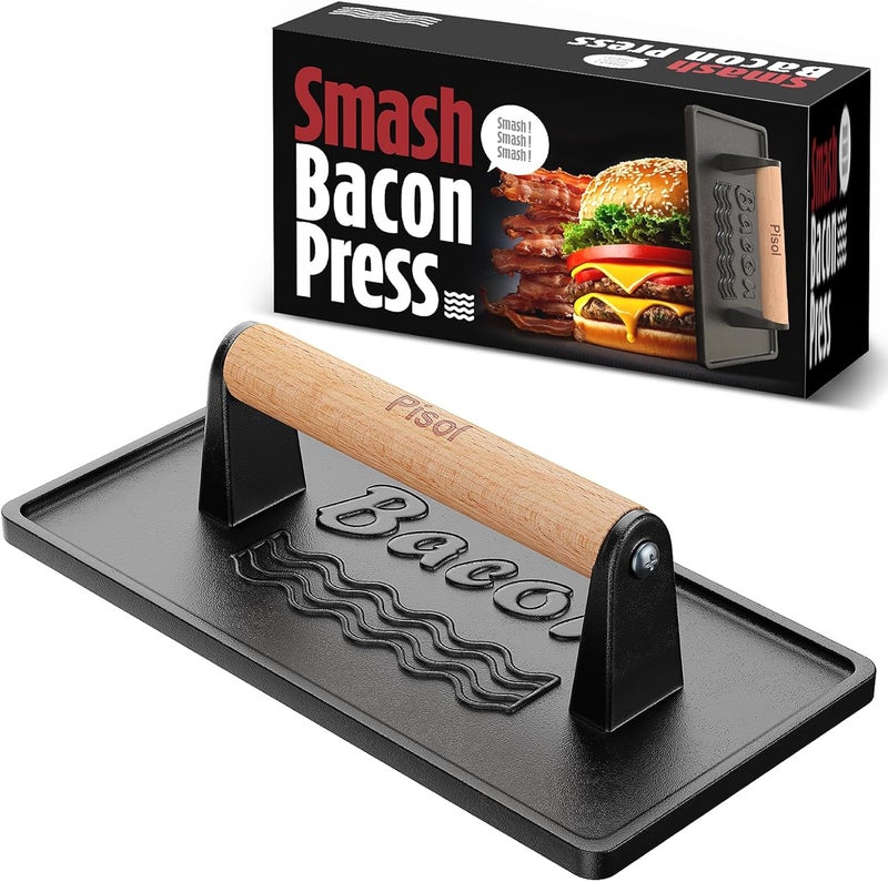 Pisol Bacon Press Smash Burger Press, Pre-Seasoned Cast Iron Hamburger, 2 lb Heavy-Duty Grill Bacon Meat Press Tool with Wood Handle - Image 1